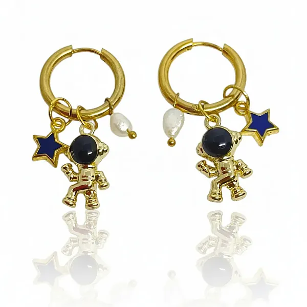 Σκουλαρίκια Ανοξείδωτο ατσάλι με αστροναύτη, αστέρι και μαργαριτάρι γλυκού νερού